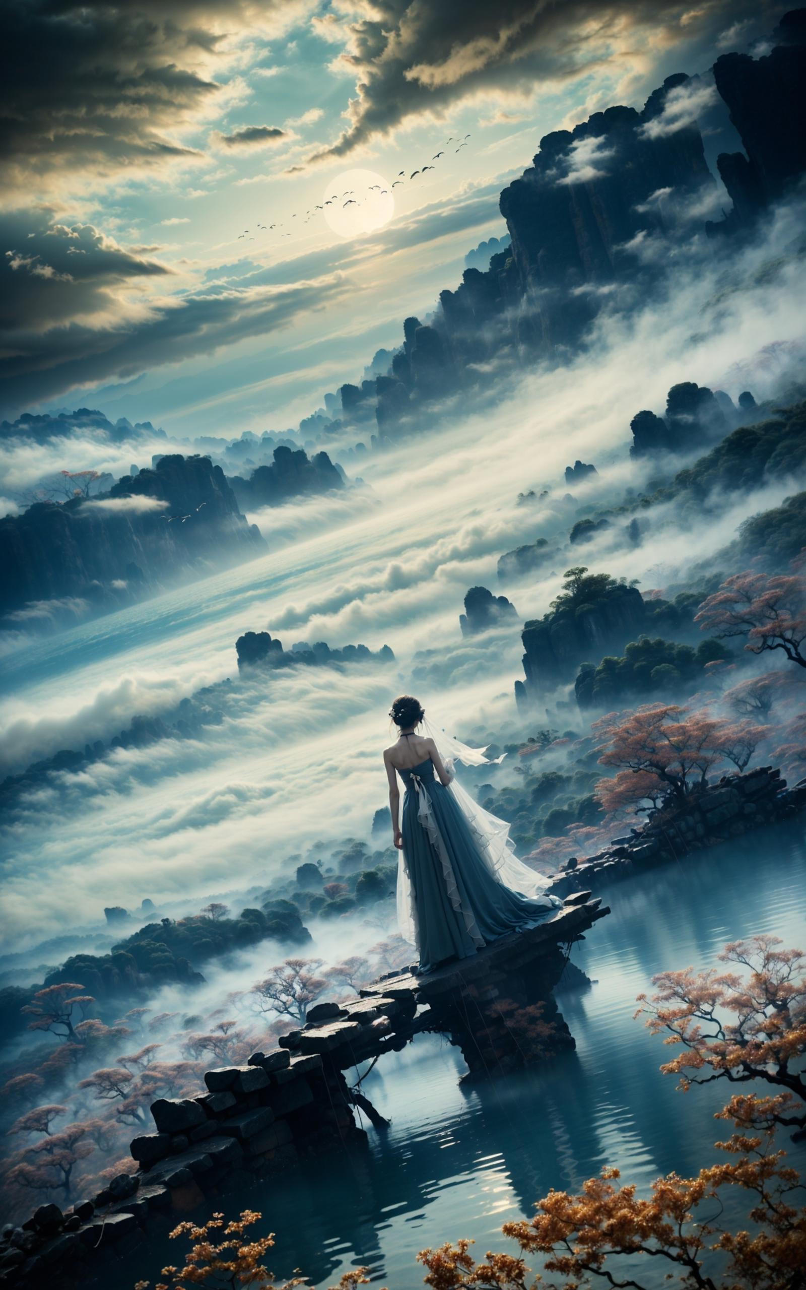 A Bride in a Dress Standing on a Rocky Cliff with a Lake and Mountains in the Background
