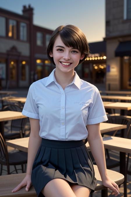 <lora:koreanDollLikeness_v10:0.3>,<lora:taiwanDollLikeness_v10:0.2>,(8k, RAW photo, best quality, masterpiece:1.2),(realistic, photo-realistic:1.37),ultra-detailed,
1 girl,cute,solo,beautiful detailed sky,detailed cafe,night,sitting,dating,(nose blush),(smile:1.1),(closed mouth),
medium breasts,beautiful detailed eyes,(collared shirt:1.1),bowtie,pleated skirt,(short hair:1.2),floating hair,