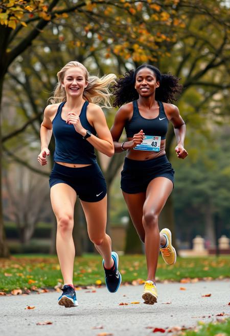 two lovely 25yo women running in the park,  wearing running shorts and sports bras. One blonde, one African. close together, maximum effort, sweat, legs stretched out, arms pumping, leaning forward, joy and excitement.  fall leaves on trees. close up on heads and torsos.