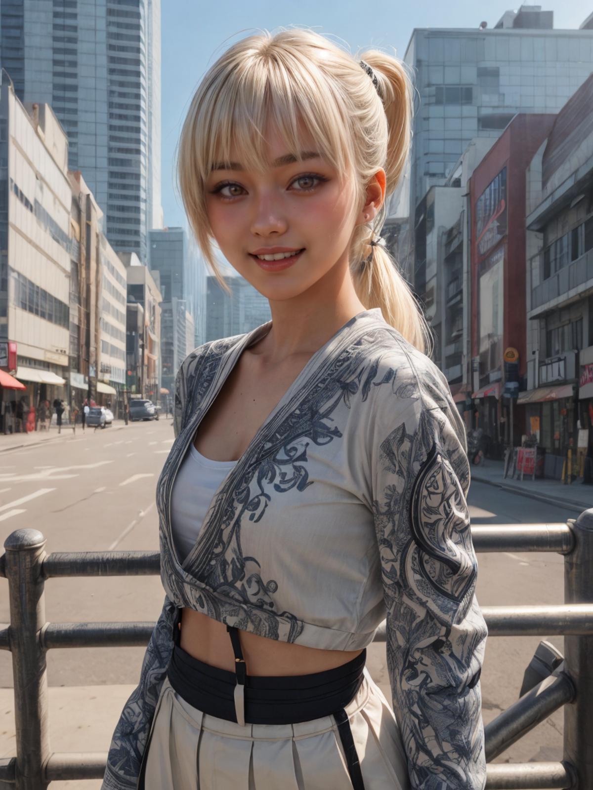 A young woman with blonde hair and a ponytail wearing a grey coat and black pants, posing for a photo on a street.