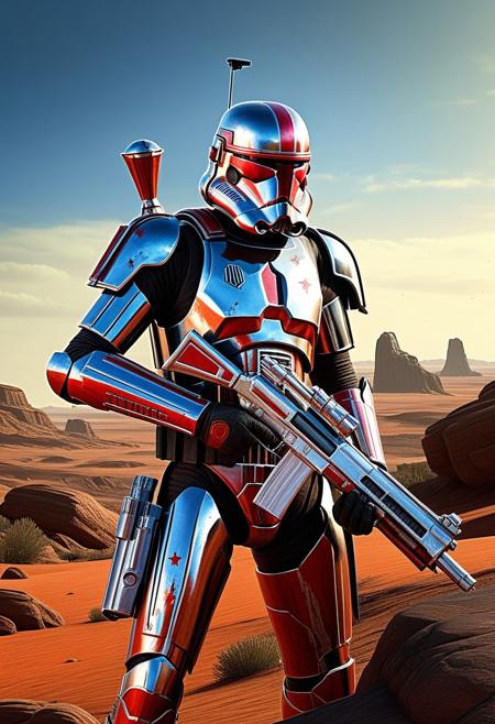 masterpiece,best quality, highly detailed, unreal engine render, photorealistic, Clone Commando, star wars clon wars, armor made of chromed worn out metal, intricate details, combat armor, heavy machine gun, red robot skull sticker, standing staring at the horizon, vibrant colors, high contrast, sharp outlines, rich details, mystical atmosphere