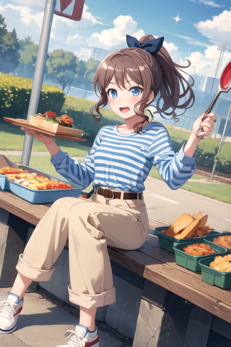 <lora:Saaya-02:0.7>, saaya, 1girl, solo, long hair, looking at viewer, blush, open mouth, blue eyes, brown hair, shirt, long sleeves, bow, holding, ponytail, hair bow, sidelocks, outdoors, food, shoes, day, striped, belt, pants, blue sky, sparkle, blue bow, sneakers, vertical stripes, tray, jeans, striped shirt, vertical-striped shirt, shop, tongs