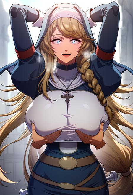 long hair, nun, blonde hair, habit, bangs, single braid, blue eyes, mole under eye, very long hair, cross necklace jewelry, puffy sleeves, juliet sleeves, long sleeves, belt