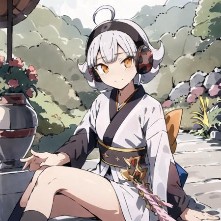 Dinosis short hair, ahoge, white hair, grey hair, hairband, orange eyes, headphones, blunt bangs long sleeves, jacket, blue footwear, grey pantyhose, blue jacket, white skirt, pleated skirt, boots, weapon, sword