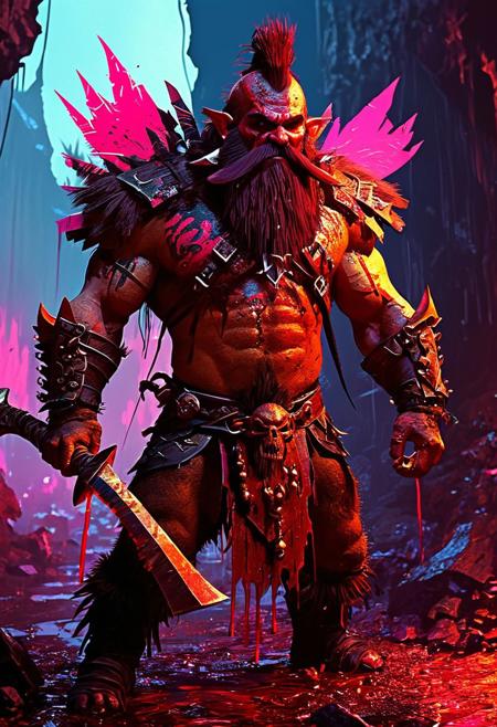 dwarven berserker with a mohawk, wielding a double-headed axe, dripping with blood
silhouette ,
in the style of the decaying empire of Wrstreich, dark magic and grotesque creatures abound, inspired by Sean Aaberg's punk aesthetic, dark fantasy world combines grim landscapes with vibrant, exaggerated neon colorful art, old 80's VHS dark fantasy, VHS screen grab, grainy, old footage