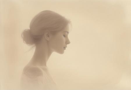 an aesthetic, minimalist depiction of a female profile in side view. The focus is on the soft contours and calm, monochromatic tones. The scene feels mystical and dreamy, almost as if viewed through a delicate mist, with gentle light accentuating the silhouette. The background is diffuse and creamy white, drawing attention to the elegant simplicity of the figure.
