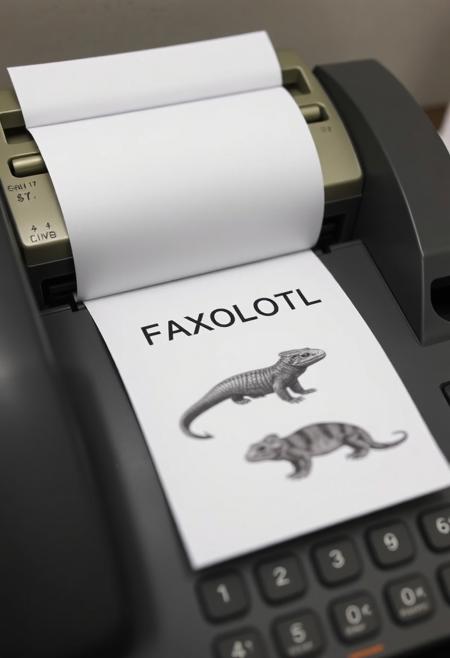 The image is a photograph of a  fax machine printing a paper with a  the text "FAXOLOTL" and a low quality black and white image of an axolotl.
