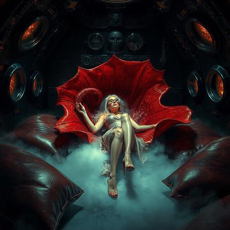 blonde damsel.  lifted glossy nightgown, her glasses askew, glossy high heels, she is laying inside giant rafflesia bloom , red tentacle from the bloom groping her,  her legs spreaded wide apart, knees bent,   penetration, orgasm, mind break,   surrounded by  giant rafflesia  glossy  crystal slime covered red colossus petales , reflecting the faint glow of the weird alien laboratory chamber. fog from the floor. floor covered by giant leather pillows.   the walls appear to be alive, covered in a pulsing, iridescent slime, while colossus observation portholes gaze in like empty eyes, as if the very darkness of space itself is watching this horrific scene unfold. Inspired by the dark, industrial sci-fi of H.R. Giger, the eerie, atmospheric lighting of Zdzisław Beksiński, and the surreal, biomechanical nightmares of Francis Bacon.