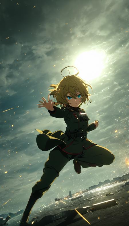 breathtaking Cinematic scene, hero view, Tanya Degurechaff , Youjo Senki, action pose, detailed background, masterpiece, best quality, high quality, absurdres  <lora:tanya_degurechaff_xl_v4:1> . award-winning, professional, highly detailed