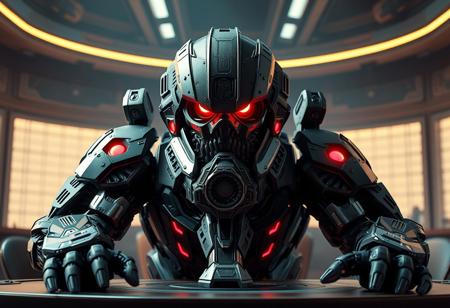 Design a highly detailed,, dreamwave-style photo of an epic, grizzled robot with a powerful chin, sitting on a table in Optimus Sun orientation. The robot should have affinity details, some red accents, and a menacing yet beautiful presence, evoking the concept of the 'God of Music'. The image should be produced in Unreal Engine with an 8K, high-quality, product-like finish, adhering to the golden ratio and featuring lifelike details. Output the result as a gigapixel, 3.2-megapixel, micro-detailed portrait, incorporating a portcullis element and a bold, artstation-worthy aesthetic.