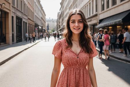 full color portrait of a young woman, wearing a summer dress, in a crowded street, natural light, RAW photo, subject, 8k uhd, dslr, soft lighting, high quality,