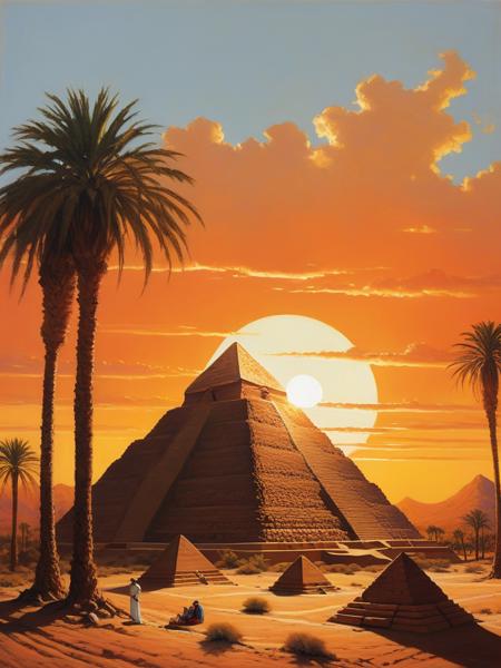 <lora:04Vintageillustration_Hap_XL:3.3>,Norman Rockwell style The image features a beautiful scene of a sunset over a large pyramid. The pyramid is situated in a desert landscape, with palm trees surrounding it. The sun is setting in the background, casting a warm glow over the scene. The overall atmosphere is serene and captivating, showcasing the majesty of the ancient structure.