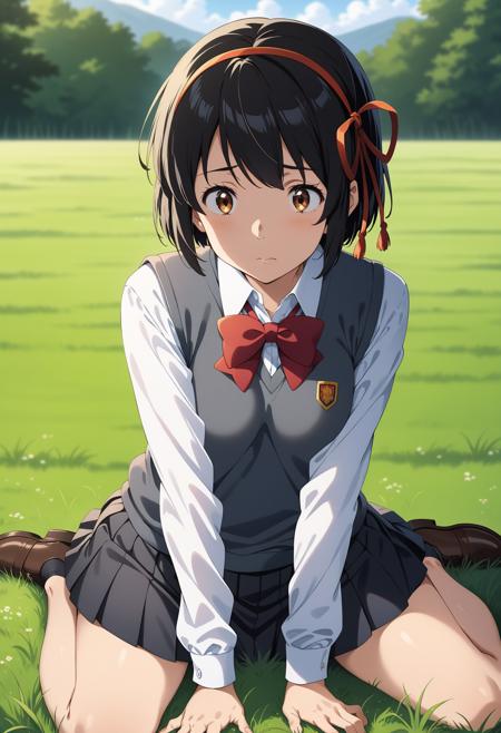 aamitsuha, black hair, short ponytail, hair ribbon, brown eyes, school uniform, red bowtie, collared shirt, white shirt, short sleeves, pleated skirt, black skirt bbmitsuha, short hair, black hair, red hairband, hair ribbon, brown eyes, school uniform, red bowtie, collared shirt, white shirt, sweater vest, long sleeves, pleated skirt, black skirt