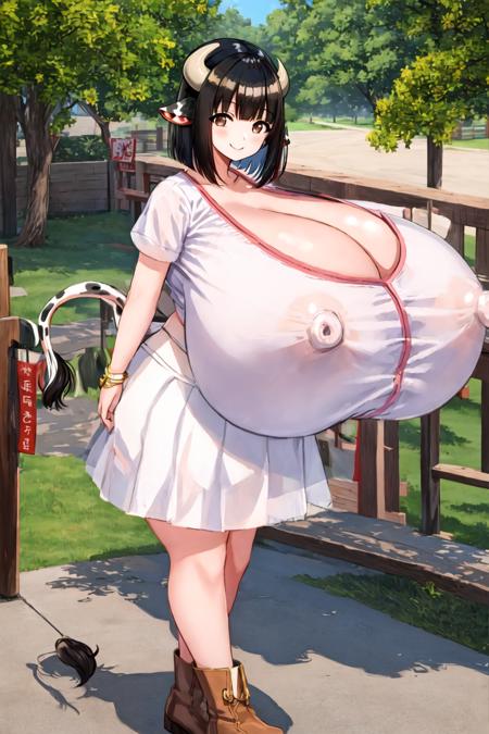 cow maiden \(maoyuu\), bob cut, hyperbreasts, (gigantic breasts), looking at viewer, smile, white shirt, cow horns, cow tail, cow ears, white skirt, covered nipples, white skirt, full body, brown boots, miniskirt, <lora:CowMaiden2:0.6>, <lora:hyperfusion_213k_32dim-LoCon-epoc6-v5:1>