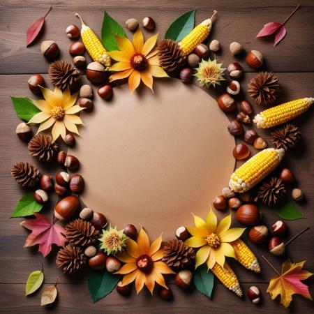 This is a circle without a background. There is no paper in the middle of the picture. The circle is surrounded by chestnuts, 
acorns, 
corn, 
colorful autumn flowers with light edges. The autumn flowers and the paper together create a natural and harmonious atmosphere.