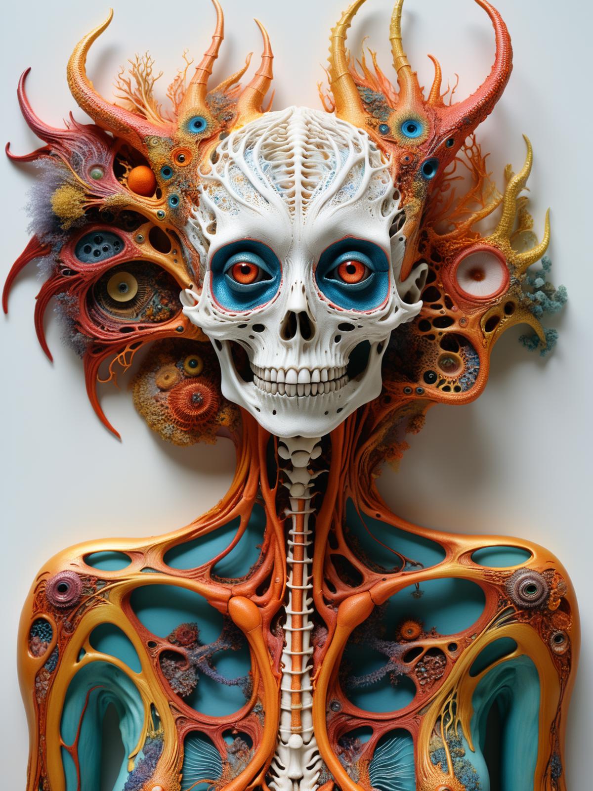 A skeleton with blue and orange eyes, adorned with various colorful elements, such as flowers and orbs, is displayed on a white background. The skeleton's head is prominently featured in the scene, with a unique and eye-catching design.