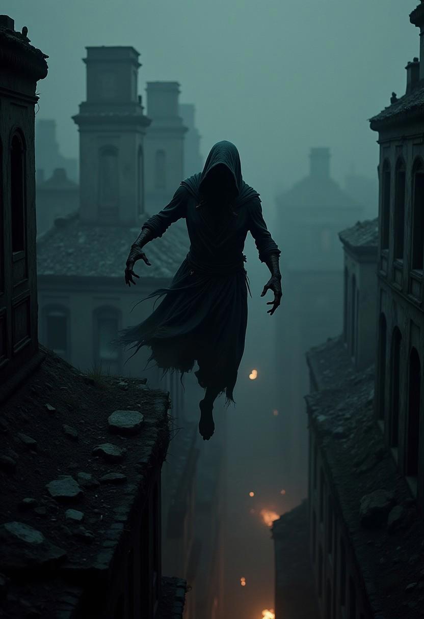 A demonic creature assassin, cloaked in shadow, silently stalks its prey through the ruins of a once-great city, its movements unnaturally fluid, as it leaps from rooftop to rooftop, the crumbling buildings lit by distant fires, the sound of its prey's heartbeat echoing in the night.