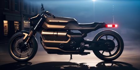 Sci-fi motorcycles,black and brass science fiction hovering industrial motorcycle in crowded downtown streets, science fiction, cinematic lighting, night time, volumetric light, imax, dslr, highly detailed, volumetric fog, dystopian vibes, dutch angle, cinematic angle <lora:Sci-fi motorcycles:0.8>