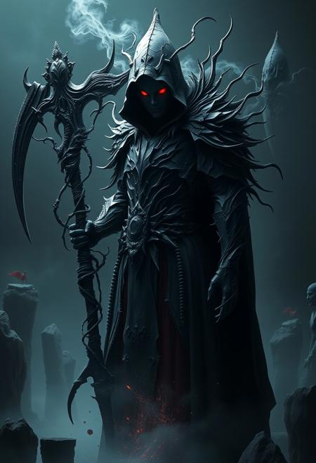 A stunning 3D model of an enigmatic, shadowy figure emerging from the void, his form constantly shifting and dissolving into tendrils of darkness. His face is obscured, with only two glowing red eyes piercing through the blackness. His armor is made of fragmented, spectral shards that float around him, giving him an ethereal presence. He wields a scythe, forged from the essence of nightmares, with a blade that seems to absorb all light. The background is a surreal, dreamlike landscape with floating islands and distorted geometry, each detail emphasizing his connection to the realm of the unseen and the unknowable. Octane render, Highest-Quality, 8 k, intricate details, visually stunning, Masterpiece