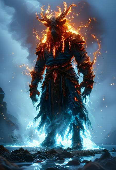 fmb guardian tree giant, an hkmagic, profile view low angle, an immense tree anthropomorphic shape, waging a glowing blue bioluminescent large sword,  crossing a serene lake by night, knee deep in the reflective black surface of the lake,  the tree giant is made of intricated branhces and roots, his two arms laced with incandescent roots, his shoulders supporting the weight of a full blazing canopy, wearing a lava intricated armor , drooling lava from smoking incandescent mouth, illuminated fom below, hard shadows, high contrast, illumination ciaroscuro effect, cinematic lighting, insane details, hyperrealistic, 64 megapixel DSLR, cinematic shot, epic sceneray of fantasy illumination by night