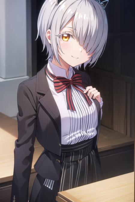 chartreuxwestia, <lora:chartreux westia s1-lora-nochekaiser:1>,
chartreux westia, short hair, bangs, (yellow eyes:1.3), grey hair, (hair over one eye:1.5), smile,
BREAK skirt, shirt, bow, school uniform, jacket, white shirt, striped, bowtie, black skirt, red bow, white jacket, tiara, striped bow,
BREAK indoors, classroom,
BREAK looking at viewer, (cowboy shot:1.5),
BREAK <lyco:GoodHands-beta2:1>, (masterpiece:1.2), best quality, high resolution, unity 8k wallpaper, (illustration:0.8), (beautiful detailed eyes:1.6), extremely detailed face, perfect lighting, extremely detailed CG, (perfect hands, perfect anatomy),