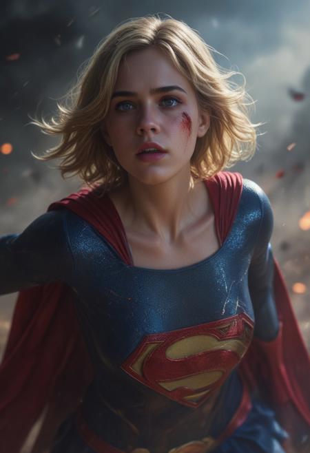 High resolution ultra-realistic of Beautiful Supergirl fighting against alien invasion, cinematic style, standing on a bloody and stormy battlefield in a fighting pose, bloody massacre, realistic blue combat costume, red mini skirt, red cape, perfect athletic figure, wavy blonde hair, handsome dirty bloody face, beautiful perfect detailed pupils, wet oily shiny skin, covered in dirty and blood, beautiful firm Breasts, defiant and seductive, attractive 21 year old Kiernan Shipka as Supergirl, 8k resolution concept art portrait by Greg Rutkowski, Dark Gotham City, Artgerm, WLOP, Alphonse Mucha, dynamic lighting, hyperdetailed, intricately detailed, Splash art trending on Artstation triadic colors, Unreal Engine, 5 volumetric lighting, Cinematic Lighting, intricate, smooth, sharp focus digital painting, Asymmetrical Balance, realistic eyes, ultra detailed atmospheric details, sparkle effects, realistic body proportions, beautiful body Supergirl proportions, complex masterpiece, dramatic atmosphere