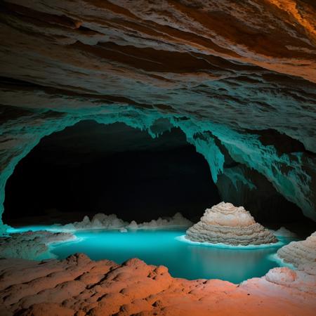 The image you provided shows an interior view of a cave with various geological formations. Here's a detailed description:
- **Stalactites**: These are formations that hang down from the ceiling of the cave. They appear jagged and irregular in the image.
- **Stalagmites**: These formations rise up from the floor of the cave. Some are tall and slender while others are shorter.
- **Flowstone Formation**: There is a notable flowstone formation on one side of the image. It looks like cascading liquid frozen in time, which is a common characteristic of flowstones.
- **Ground Features**: The ground is uneven with ridges and depressions. These are indicative of mineral deposits over time.
- **Coloration**: The coloration in the cave varies throughout with shades of brown, white, and grey. These colors indicate different mineral compositions.
- **Lighting**: There's no artificial lighting visible in the image. Natural light illuminates parts of the formations, creating shadows and highlights that add depth to the image.
These formations are typically formed by the deposition of minerals from water dripping or flowing through the cave over thousands to millions of years. The exact process can vary depending on the specific conditions within the cave, including the amount of water, the types of minerals present, and the temperature and humidity levels.