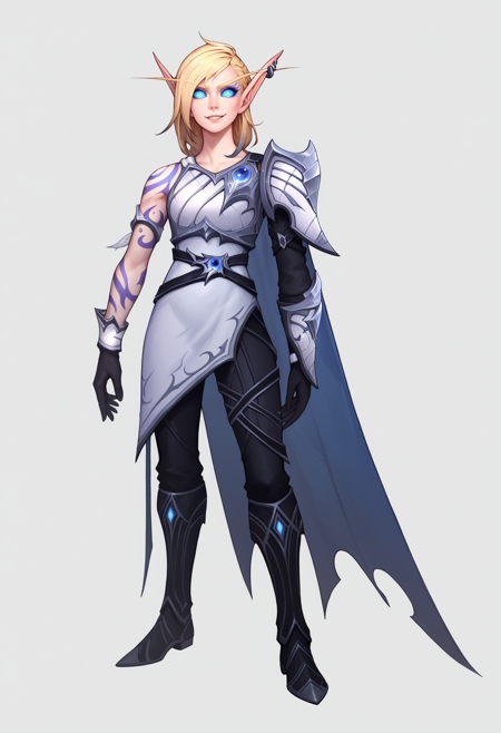 1girl, alleria, blonde hair, blue eyes, blue sclera, earrings, elf, no pupils, pointy ears arm tattoo, armor, asymmetrical clothes, black gloves, black pants, cape, knee boots, single pauldron