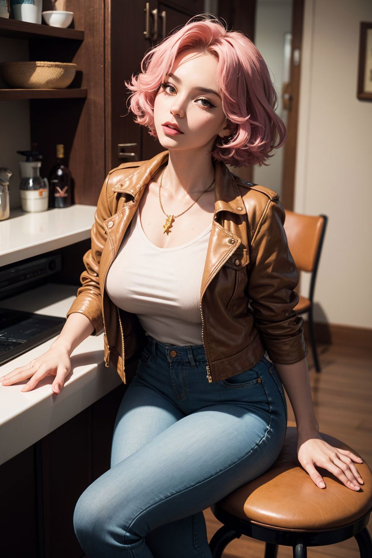 A woman wearing a leather jacket stands in a kitchen.
