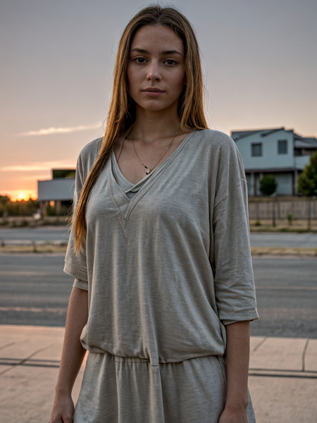 natural beauty, dressed,  photorealistic, sunset in boring suburbs