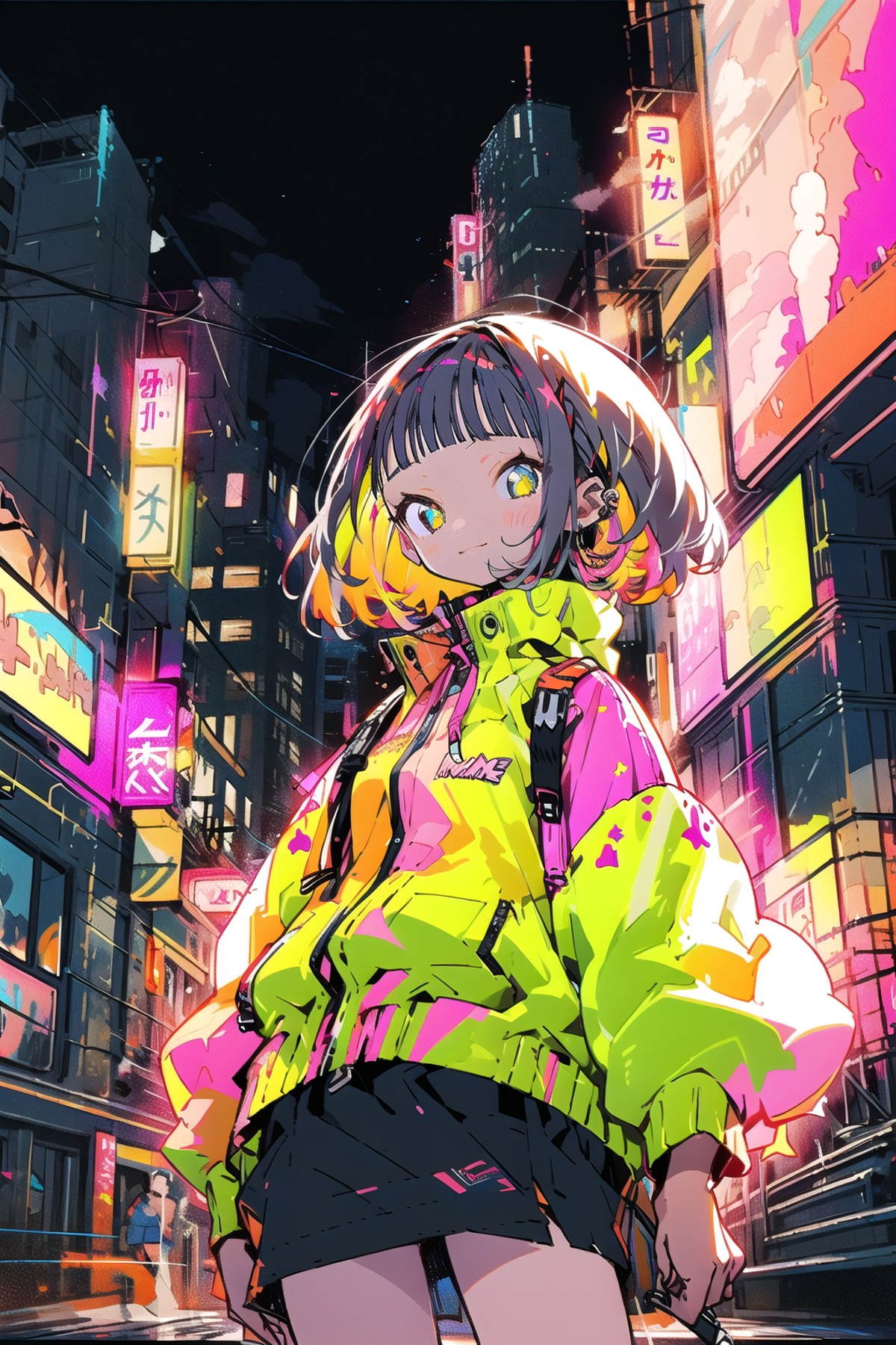 masterpiece, best quality, 1girl, city pop, night, neon light, looking at another, upper body, vector illustration, jacket...