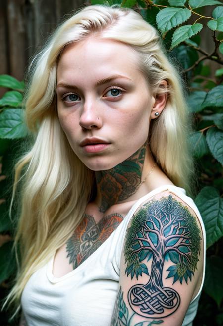 RAW analogue photo of a 20 years old beautiful pale skin (Platinum-blonde Scottish woman:1.5), perfect face, sexy pose, ((with 10 tattoos, Dragon Tattoo, Celtic Tree of Life Tattoo, Lion Tattoo, Aztec-inspired Design Tattoo, Steampunk Tattoo, Winged Heart Tattoo, Rose Tattoo, Watercolor Tattoo, Angel Tattoo, Watercolor Tattoo:1.5)), wearing The woman is wearing white underwear with lace detailing. She has long blonde hair and is posing against a floral wallpaper background. The model's pose suggests confidence and sensuality., natural hair, perfect eyes, detailed eyes, detailed iris, absolute perfect tits, big tits, soft tits, natural tits, low light, hard natural light, Rembrandt style light, Hasselblad DLSR camera, 200mm Zeiss lens, f/2.8 <lora:tattooedgirlv1_PONY:0.8>  