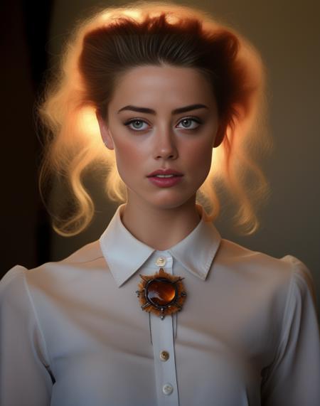 AmberHeard, art by Fred Stein,art by Harrison Ellenshaw, portrait, insane details,close up of a Serious Tender Amish Girl of Flame, ð´, Pottery, Action pose, Caramel [Jagged|Organic] hair, Angelic Halo, Brooch, Sunny, split diopter, 800mm lens,  <lora:AmberHeardSDXL:1>