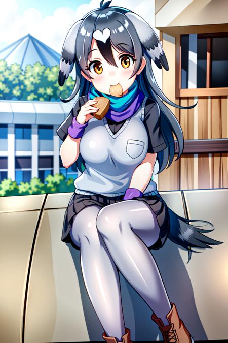 <lora:RockDoveKemonofriends_Kawarabato:0.6>,KAWARABATO

1girl,solo,masterpiece, best quality, high quality,delicate facial features,mishoujo,hyper_detail,game cg, finely detailed beautiful eyes and detailed face,lustrous skin,colorful

rock_pigeon_(kemono_friends),bird_girl,head wings,long hair, multicolored hair, grey hair, black hair, bird tail, bird wings, orange eyes,brown eyes, hair between eyes,large breasts, 

multicolored clothes,shirt,vest,pleated skirt,gray_pantyhose, scarf, shoes,  short sleeves, wristband,

(looking at viewer:1.4), (cowboy_shot:1.3),(sitting:1.4),blush,smile,open mouth,(eating:1.3),toast, 

(city:1.3),(street),blue_sky,cloud,