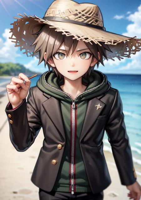 masterpiece, best quality, 1boy, black jacket, hood, short hair, brown hair, black pants, <lora:MakonaeA-06:0.50>, blue sky, freedom, summer, happy, straw hat