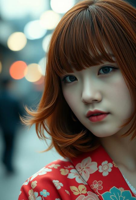 extreme close up shot,  19yo Japanese woman ,lipstick,bright red  hair waist-length hair , bangs covering the left side of her face with a wavy mid-back length hair strand resting on her left shoulder and her eyes are brown, kimono . shallow depth of field, vignette, highly detailed, high budget, bokeh, cinemascope, moody, epic, gorgeous, film grain, grainy