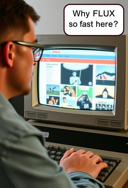 an old amstrad pc, screen display website with IA pictures,  80's computer man in glasses have hand on keyboard and looking a viewer and  is asking "Why FLUX is so fast here ?" in speech bubble