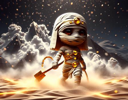 (((cute anime style illustration))), (black grey, gold colors only in cute  manga style), (((cute cartoon style))) of cute mummy in mummy mask, circle of flame in the background