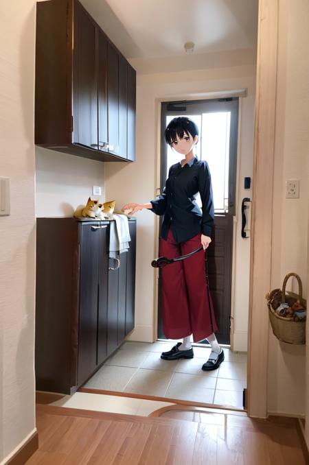 masterpiece, best quality, ultra-detailed, illustration,
genkan, JMG1, door, scenery, indoors, window, tiles, hallway, tile floor, 
1girl, cat, female focus, shirt, pants, white shirt, solo, black hair, basket, standing, short hair,  shoes, 
 <lora:JMG:1>