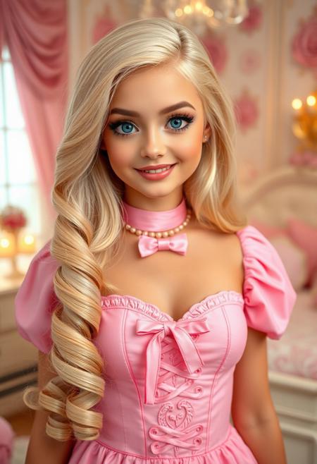 A very cute 18 year old girl who looks like a Barbie doll bimbo. She has extremely long straight blonde hair parted on the side and curled at the ends. She has big blue eyes and huge tits. She is wearing glamorous makeup with false eyelashes. She is wearing a pink corset dress and a pink choker with a bow. She is smiling. She is standing in a princess bedroom. medium full shot