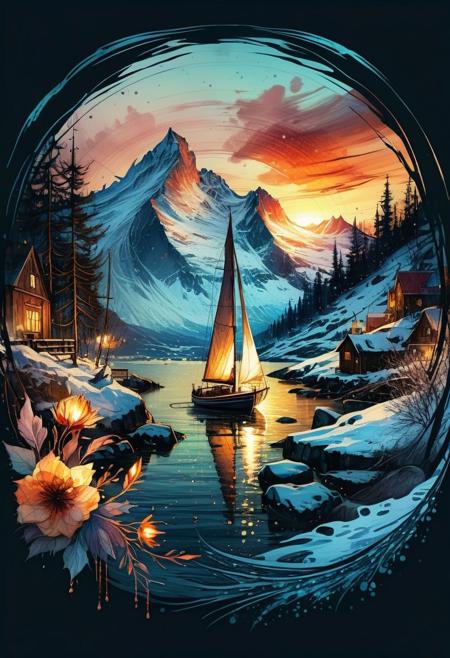 Beautiful sailboat on sparkling waters at a Skandinavien fjort, Sunset, Digital watercolor Illustration of a WinterScape sunset, by Waterhouse, Carne Griffiths, Minjae Lee, Ana Paula Hoppe, Stylized watercolor art, Intricate, Complex contrast, HDR, Sharp, soft Cinematic Volumetric lighting, flowery pastel colors, wide long shot, perfect masterpiecedetailed matte painting, deep color, fantastical, intricate detail, splash screen, complementary colors, fantasy concept art, 8k resolution trending on Artstation Unreal Engine 5, SoraSleepAI, Circle