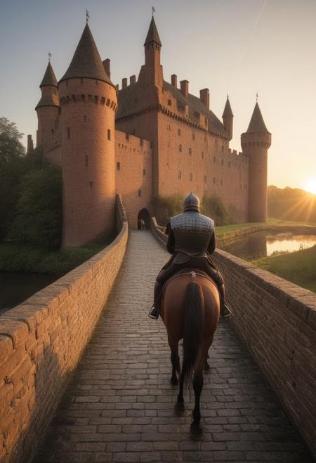 medieval brick castle viewed from a brick bridge at the base of the castle, horse with horseman, sunrise lighting