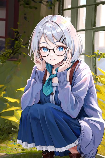 masterpiece, best quality, highres, 1girl glasses hairclip, blue dress neckerchief long sleeves open cardigan <lora:kyouko_okitegami:1> squatting, smile, head rest