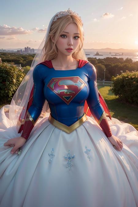 <lora:betterCuteAsian03:0.3>, (blue and white supergirl wedding dress,wearing wedding princess dress, wearing supergirl_cosplay_outfit:1.3), sunset, 
good hand,4k, high-res, masterpiece, best quality, head:1.3,((Hasselblad photography)), finely detailed skin, sharp focus, (cinematic lighting), night, soft lighting, dynamic angle, [:(detailed face:1.2):0.2], medium breasts, outside, <lyco:supergirl_wedding-10:0.4>