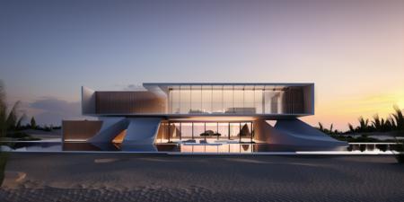 ((masterpiece, best quality)), 8k, modern architecture style, photo realistic, hyper detailed photo,  human  perspective, single box,single building, archidayli, david chipperfield, sunset, render of a building, glass facade, beach, zaha, curve, flow