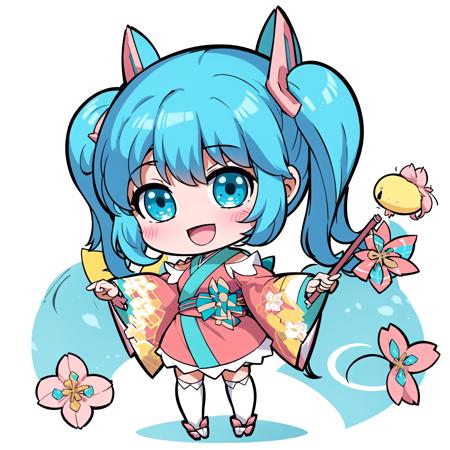 1girl,aqua eyes,aqua hair, twintails, japanese clothes, kimono, sash, obi, short kimono, hair ornament,white legwear,wide sleeves,socks, pink dress, flower, <lora:Capheny:0.7>, :D, <lora:jokanhiyou:0.5>, chibi, white background