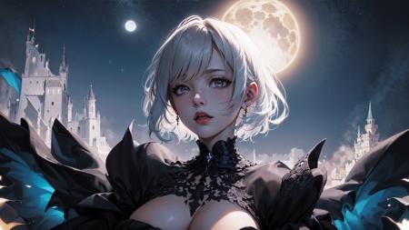 masterpiece,best quality,official art,extreme detailed,colorful,highest detailed,1lady,(,intricate detaild gothic dress with many frill),fullface helmwith 
 many frill,castle,(closeup),from above,,dynamic pose,dynamic pose,bluemoon,starry,night,castle,closeup,dark theme,gothic horror,