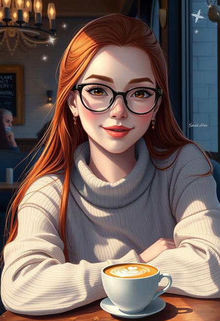 ethereal fantasy concept art of  29 year old woman, solo, beautiful, heart shaped face, round chin, very long auburn hair, upturned nose,  black framed glasses, thin lips, perfect skin, (hollow cheeks:1.2), perfect face,smiling, <lora:Flux\chinfixer-2000.safetensors:0.0:0.0>
dangling gold earrings, simple chain necklace,
(cowl neck cropped sweater covering breasts:1.5),  (small covered teardrop breasts:1.3), stretching arms,
coffee mug with latte art on table
sitting in cafe
sfw, magnificent, celestial, ethereal, painterly, epic, majestic, magical, fantasy art, cover art, dreamy