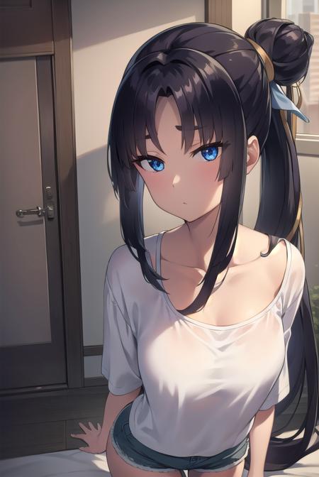 ushiwakamaru, <lora:ushiwakamarupinta-lora-nochekaiser:1>,
ushiwakamaru pinta, long hair, bangs, blue eyes, black hair, very long hair, sidelocks, hair bun, side ponytail, parted bangs,
BREAK shirt, collarbone, shorts, green shirt,
BREAK indoors, bed,
BREAK looking at viewer, (cowboy shot:1.5),
BREAK <lyco:GoodHands-beta2:1>, (masterpiece:1.2), best quality, high resolution, unity 8k wallpaper, (illustration:0.8), (beautiful detailed eyes:1.6), extremely detailed face, perfect lighting, extremely detailed CG, (perfect hands, perfect anatomy),