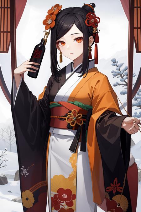 qianzhi,1girl,flower,hair ornament,solo,black hair,japanese clothes,hair flower,kimono,orange eyes,wide sleeves,red eyes,earrings,red flower,looking at viewer,long sleeves,jewelry,snowing,snow,bangs,<lora:åç»-000019:0.8:lbw=role>,, 1girl,
,  (masterpiece,best quality:1.2),absurdres